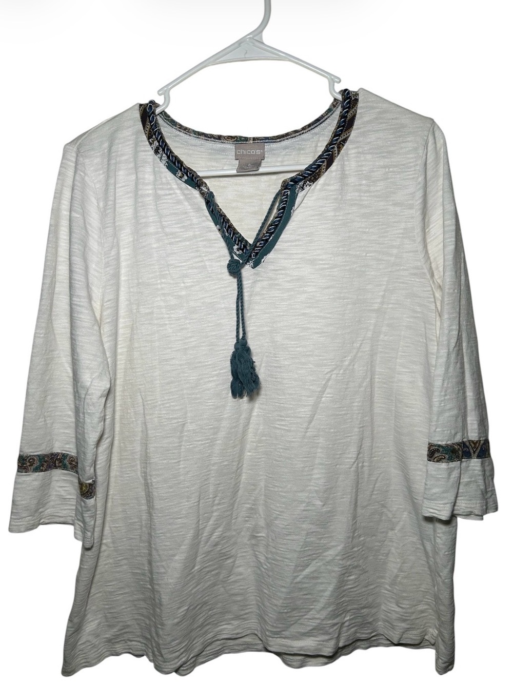 Chico's White Tunic with Teal Tassel Trim 2 Aztec hobo Country Cowgirl Festival